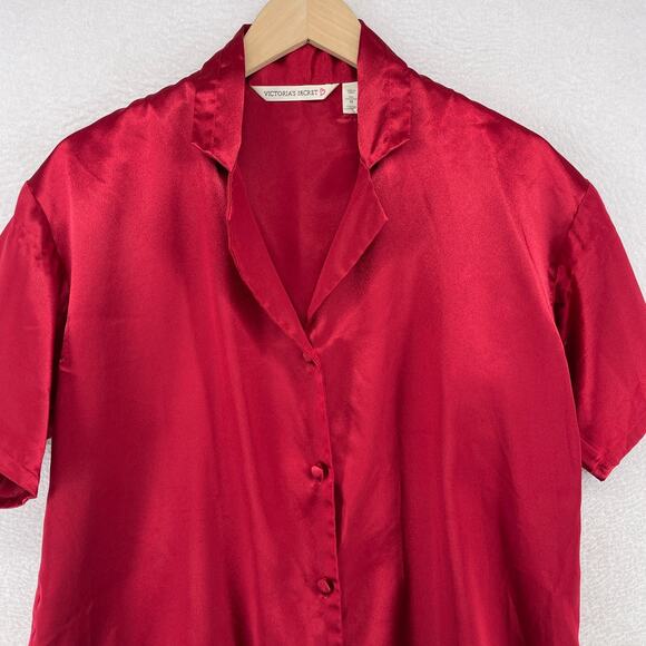 VICTORIA SECRET Top XS Satin Pajama Sleep Shirt Button Up Short Sleeve Red - Picture 3 of 12